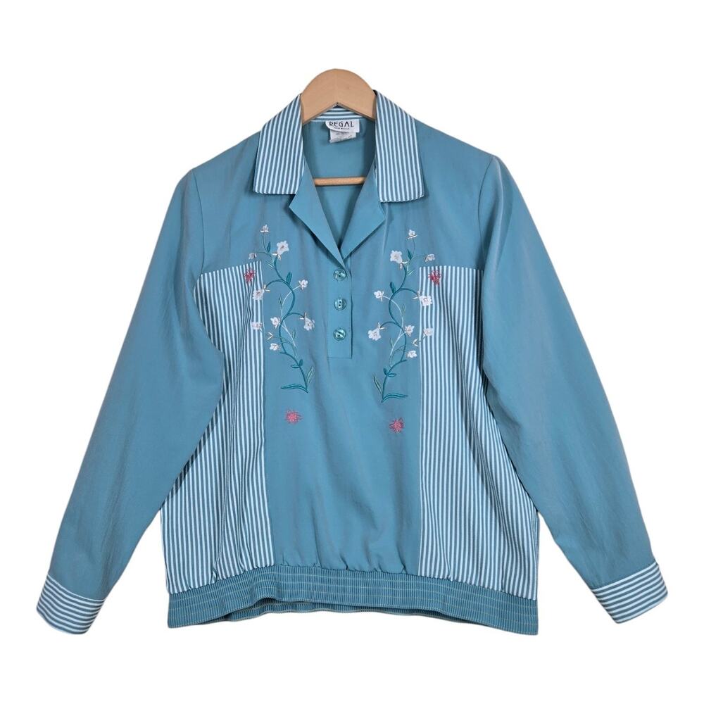 Vintage Regal Embroidered Top S Teal Striped Floral Bee Pullover Made USA